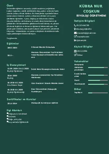 Biyoloji Öğretmeni CV Örnekleri cv indir